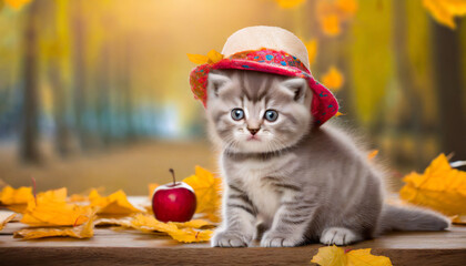 Wall Mural - a cute little kitten is wearing a hat posing in an autumn park among fallen yellow leaves the background of the autumn calendar is a joke