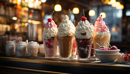 Poster - Gourmet dessert, ice cream sundae, sweet fruit, refreshing summer indulgence generated by AI