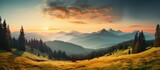 Fototapeta Las - As the sun sets behind the vast mountain range casting a warm glow on the autumn forest the sky transforms into a canvas of vibrant colors serving as a mesmerizing background to the picture