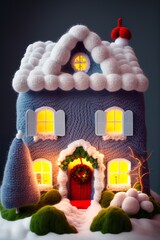 Cozy Light in the windows of vintage house in the evening. Wool knitted winter holiday scene . Generative AI