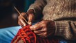 A close up of an old man knitting, AI