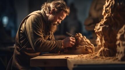 Poster - A man is working on a wooden sculpture, AI