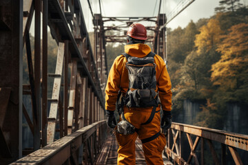 Canvas Print - An engineer inspecting a suspension bridge, capturing the Concept of bridge maintenance and safety. Generative Ai.