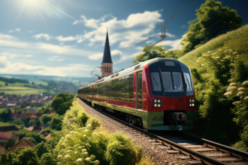 Canvas Print - A passenger train making its way through a picturesque countryside, representing the Concept of scenic rail journeys. Generative Ai.