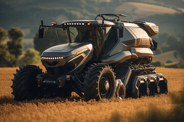 Poster - A farmer using modern agricultural machinery to harvest crops, signifying the Concept of mechanized farming and agribusiness trade. Generative Ai.