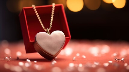 Poster - A heart shaped necklace is sitting in a red box, AI