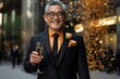 A respectable man of Asian appearance raises a glass of champagne and congratulates