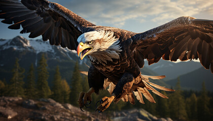 Canvas Print - Majestic bald eagle soaring through the mountain range generated by AI