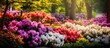 background of a vibrant summer garden colorful flowers like pink blooms and white petals add to the beauty of nature The lush green trees and plants with their vibrant leaves and floral dis