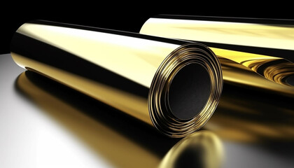 Poster - Golden literature stack, shiny metal rolled up, abstract pattern reflection generated by AI