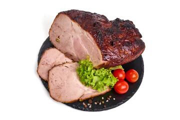 Sticker - Roasted pork meat, smoked spicy glazed meat, isolated on white background.