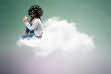 Poster - Creative collage.Person sitting on cloud with dark tangled head.