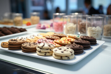 Wall Mural - A tasting event at a bakery with samples of unique cookie flavors. Concept of dessert exploration. Generative Ai.