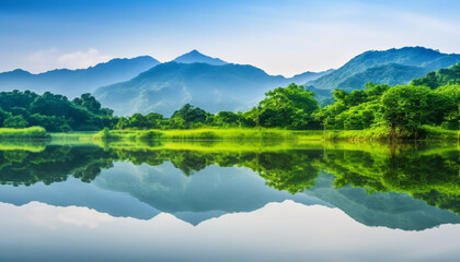 Wall Mural - Tranquil dawn on rural meadow, reflecting mountain range beauty generated by AI