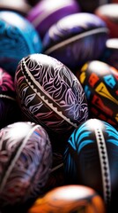 Canvas Print - Many colorful painted eggs are arranged in a pile, AI