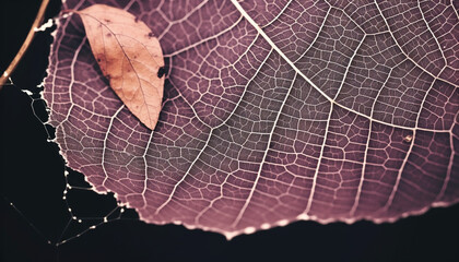 Wall Mural - Vibrant autumn leaf vein pattern on wet spider web backdrop generated by AI