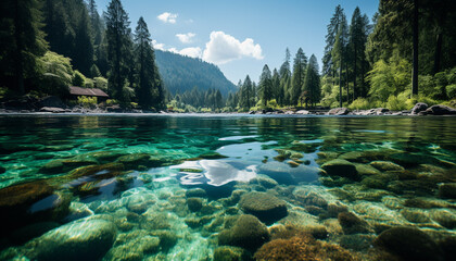 Wall Mural - Majestic mountain peak reflects in tranquil flowing water generated by AI