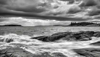 Poster - Tranquil seascape breaking waves, dramatic sky, horizon over water generated by AI