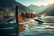 A dragon boat racing team paddling with determination on a calm lake. Concept of teamwork and competition. Generative Ai.