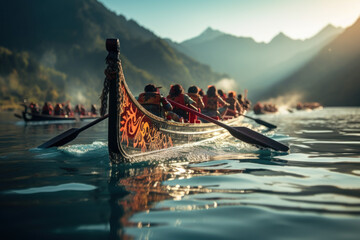 Canvas Print - A dragon boat racing team paddling with determination on a calm lake. Concept of teamwork and competition. Generative Ai.