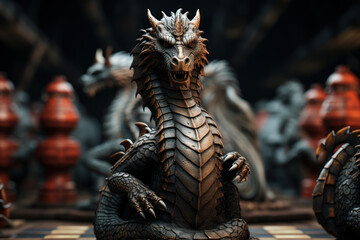 Poster - A dragon-themed chess set with intricate pieces for strategic gameplay. Concept of intellectual challenges and board games. Generative Ai.