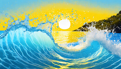 Wall Mural - transparent water splash wave element isolated splashing blue and yellow happy water wave for pool party or sunny ocean beach travel web banner backdrop background png graphic