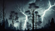 dark illustration of spooky lightning in the night sky in the background with dark tree silhouettes in the front ai generative art
