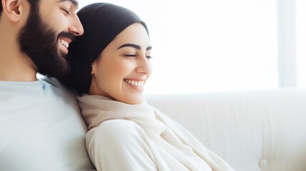 Wall Mural - A couple happily sitting on a couch, both smiling and radiating joy.