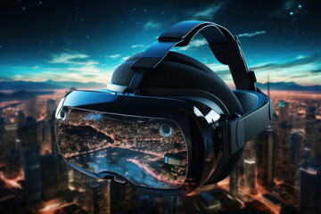 Poster - A virtual reality headset displaying a digital world of possibilities. Concept of technology and virtual experiences. Generative Ai.