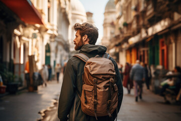 Poster - A man with a backpack and camera, exploring a foreign city with curiosity and wanderlust. Concept of travel and cultural exploration. Generative Ai.