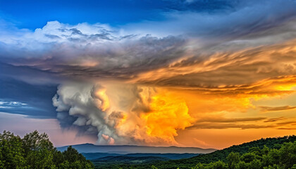 Wall Mural - Majestic mountain range, dramatic sky, tranquil meadow at dawn generated by AI