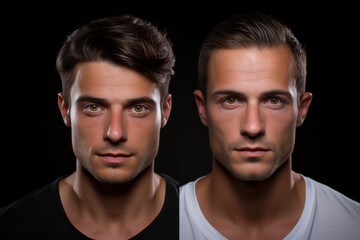 Poster - A before-and-after comparison of a hair transplant procedure, emphasizing the concept of transformation. Generative Ai.