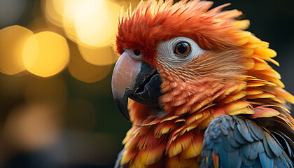 Canvas Print - Vibrant macaw perched on branch, looking at camera generated by AI