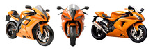 Set Of Orange Sport Bike Motorcycle Isolated On Transparent Background, Side, And Top View. Generative AI
