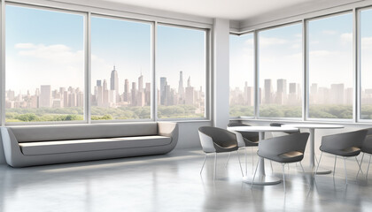 Sticker - Modern city apartment with panoramic cityscape view from empty window generated by AI