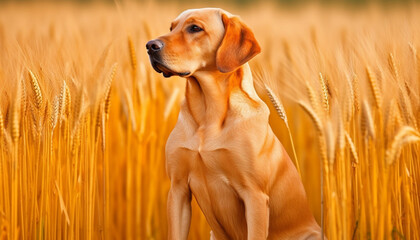 Poster - Golden retriever sitting in wheat field, looking cute and playful generated by AI