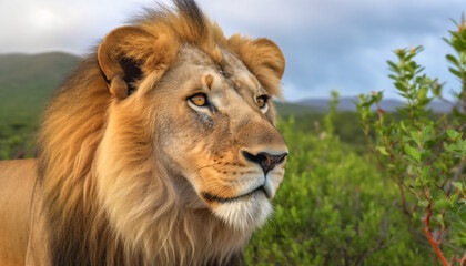 Wall Mural - Majestic lioness in the wilderness, alertness in her eyes generated by AI