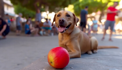 Poster - Golden retriever puppy playing with ball in sunny grass field generated by AI