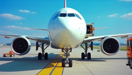 Canvas Print - Blue luxury jet engine speeds towards airfield for business travel generated by AI