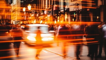 Canvas Print - Blurred motion of city life, traffic rush hour, transportation crowd generated by AI