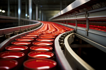 Red metal cans on the conveyor production line. Close-up image.