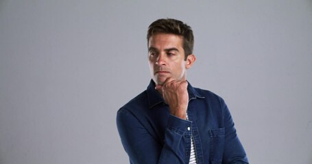 Aufkleber - Thinking, inspiration and man with doubt, confused and questions with model on grey studio background. Person, memory or guy with solution, problem solving or planning with mockup space and remember