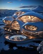 A house of the future built in an iceberg in Anarctica. Future living: innovative house within antarctic iceberg - sustainable design and isolation in the frozen wilderness.