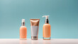 Mock up bottles and containers of body care cosmetics on blue bright background