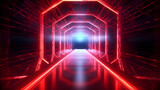 Fototapeta Przestrzenne - A Octagon red light tail tunnel, modern futuristic space design with glowing red neon lights, abstract pattern wallpaper background