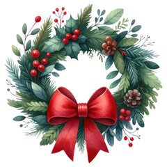 Christmas Wreath with Red Bow, Watercolor, Festive Decoration Isolated on Transparent Background. Generative AI