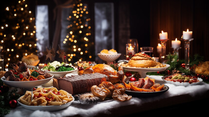 Christmas dinner table full of different food and snacks. Against the backdrop of the New Year holiday.