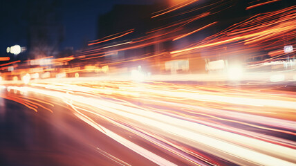 Wall Mural - golden beams of light from headlights in blurry zoom traffic in the night city, traffic speed abstract background nightlife