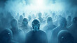 crowd of abstract silhouettes of people in medical masks, social issue, grim horror zombie apocalypse background
