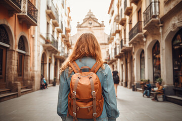 Traveler girl in street of old town in Spain. Young backpacker tourist in solo travel. Vacation, holiday, trip